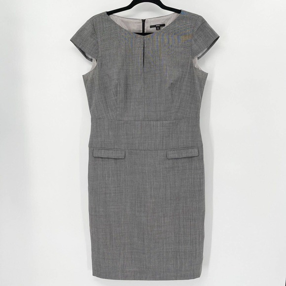Hugo Boss Domita Wool Sheath Dress‎ Sz 10 Gray Split Neck Cap Sleeve Pockets